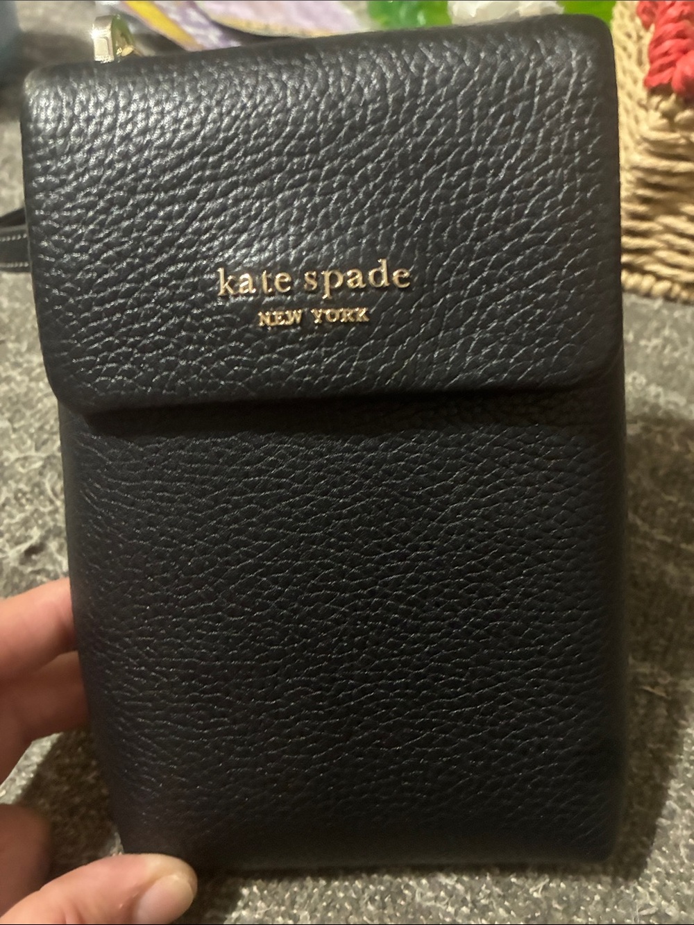 kate spade black pebbled leather crossbody phone pouch with gold logo